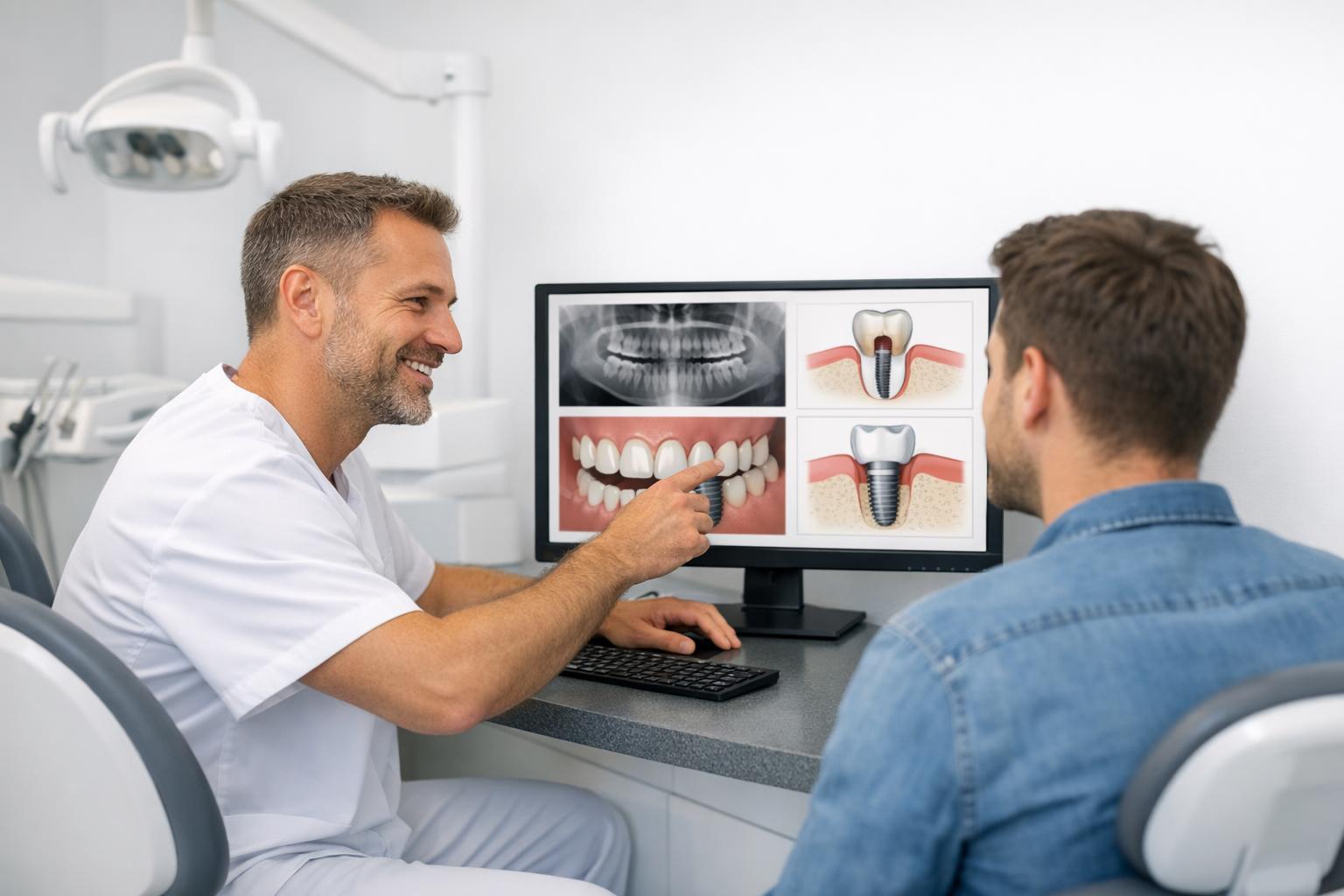 Dentysta rozmawiający z pacjentem w gabinecie, pokazujący plan leczenia na monitorze